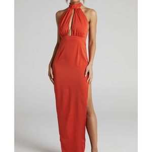 Showpo Olinka Cut Out Open Back Side Split Halter Maxi Dress in Red
